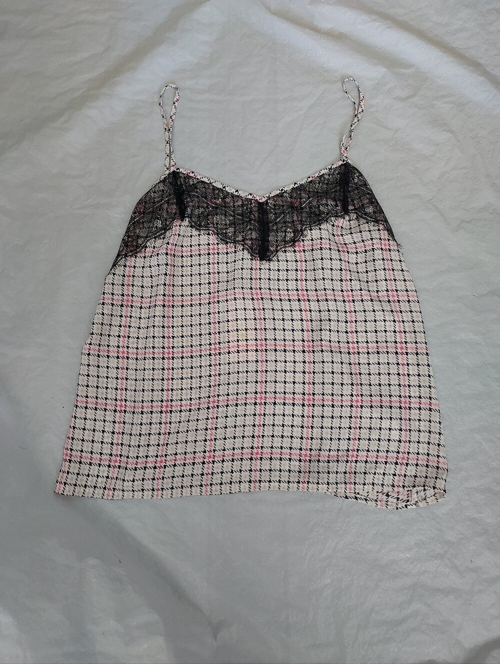 Candie's Pink and Black Plaid Lace-Trim Tank Top